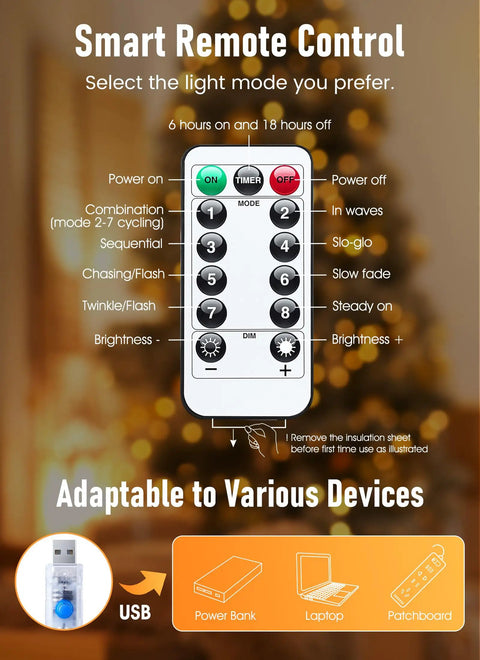 Smart remote control for Twinkle Fairy Lights 33 Ft USB Plug In String Lights With Remote And Timer 100 LED Waterproof Wire