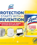 Beat Germs With Multi Surface Disinfecting Wipes That Kill 99.9 Percent Of Viruses And Bacteria Including COVID 19 Lemon And Lime Blossom Scent 80 Count Pack For Easy Wipe Downs packaging with usage illustrations.