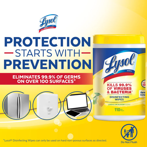 Beat Germs With Multi Surface Disinfecting Wipes That Kill 99.9 Percent Of Viruses And Bacteria Including COVID 19 Lemon And Lime Blossom Scent 80 Count Pack For Easy Wipe Downs packaging with usage illustrations.