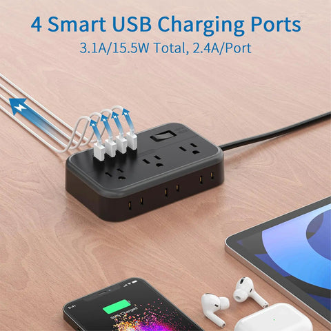 Six Widely Spaced Outlets Power Strip With Two-Sided Design And Four USB Ports, 15 Ft Flat Plug Extension Cord, angled view