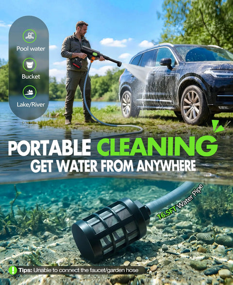 Cordless Car Washing Tool With 6 In 1 Nozzle And Foam Cannon used near water source for car cleaning