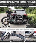 Hitch Mounted Ebike Rack For Two With 46 Inch Ramp Tilt Fold Design Anti Theft Locks And Wheel Locks 170 Lb Capacity Fits 2 Inch Receiver Supports Fat Tires Up To 5 Inches For Car SUV Truck Or RV, loaded on SUV