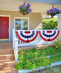 Patriotic Pleated Fan Flag Bunting Set With Brass Grommets And Zip Ties All American Flags For Outdoor Decor Perfect For 4th Of July Memorial Day One And A Half By Three Feet Four Pack Weatherproof And Easy To Hang On Fences Or Porches displayed on porch railing
