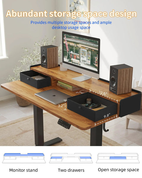 Yihayo Electric Standing Desk With Drawers 48X24 Inches Adjustable Height Computer Table showing monitor stand and two black drawers.