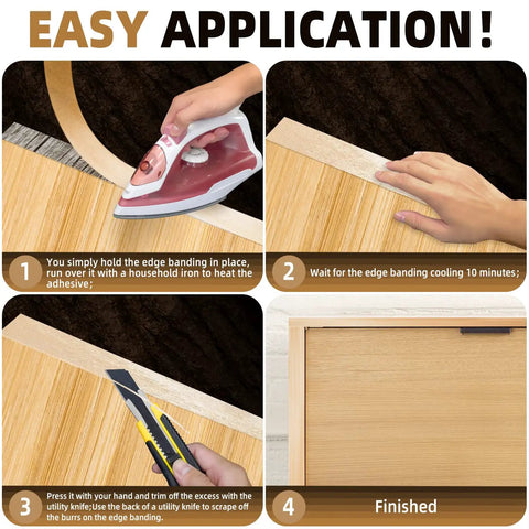 Step-by-step application of Birch Edge Banding Roll 2 Inch By 250 Feet Pre Glued Real Wood Veneer Tape For Cabinet Repair.