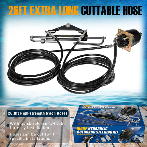 200HP Hydraulic Outboard Steering Kit With Steering Wheel Helm Pump Hydraulic Cylinder And 26 Ft PU Hoses For Most Single Outboard Powered Boats Like Pontoon Runabout And Deck Boats displayed with 26 ft nylon hoses, helm pump, and packaging.