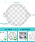 Diagram showing Disposable Shower Drain Hair Catcher Mesh Stickers Peel And Stick Drain Strainers with dimensions and adhesive