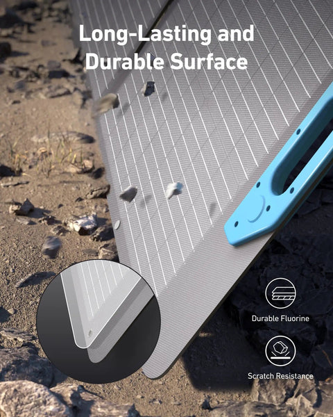 Surface of Beast 100W Foldable Portable Solar Panel Charger With Adjustable Kickstand IP67 Waterproof shown on rocky ground with durability icons.