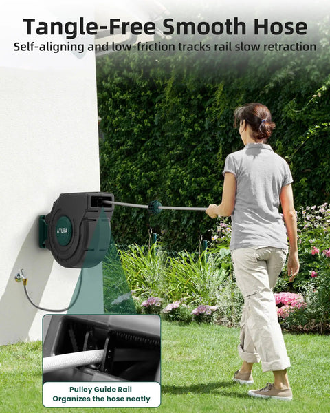 Woman using Retractable Garden Hose Reel 100 Feet One Half Inch With Pro Metal Shaft Tough As Nails Heavy Duty