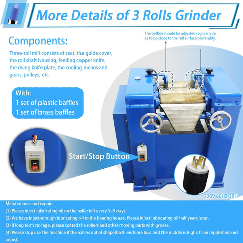 Heavy-Duty Pro Grade Triple Roll Mill Grinder Machine 220V With 3.94 x 9.84 Inch Metal Rollers shown with components and features