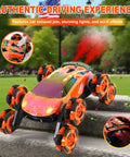 QPOU 8-wheel RC stunt car toy with orange body and LED lights for kids