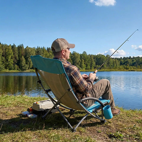 Man fishing at a lake seated on Two Pack High Back Folding Beach Chairs For Adults, Heavy Duty Camping Chairs With Cup Pocket, light blue.