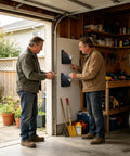 Two men using a Zip Tie Organizer Wall Mount Rack For Garage Clutter Free Tool Storage With 6 Deep Compartments Easy Access.
