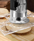 Close-up of clear acrylic Pro Grade Router Templates for Woodworking Kit With Circle Inlay Templates and Decorative Jig on wood.