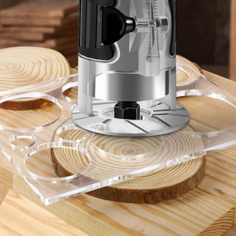 Close-up of clear acrylic Pro Grade Router Templates for Woodworking Kit With Circle Inlay Templates and Decorative Jig on wood.
