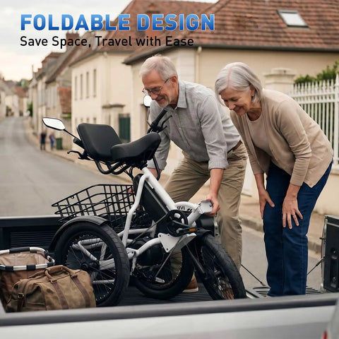FatGo1 1000W Folding Electric Tricycle for Adults With Basket Fat Tire 3 Wheel Ebike 48V 648Wh Removable Battery folded on street
