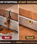 Comparison of old rusty screws failing, and new Bulk Pack Of 100 Size 14 Self Drilling Trailer Deck Screws with Torx star drive.