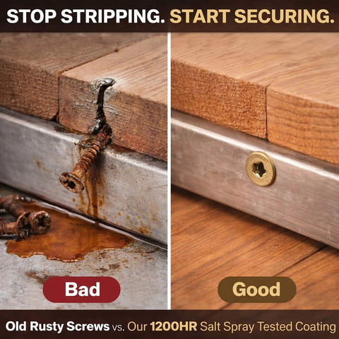 Comparison of old rusty screws failing, and new Bulk Pack Of 100 Size 14 Self Drilling Trailer Deck Screws with Torx star drive.