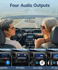 7 Inch Double Din Car Stereo with touchscreen, Bluetooth, FM radio installed in car dashboard demonstrating four audio outputs