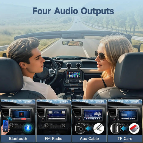 7 Inch Double Din Car Stereo with touchscreen, Bluetooth, FM radio installed in car dashboard demonstrating four audio outputs