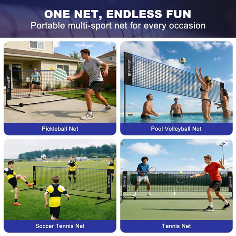 Super Tough All In One Adjustable Badminton Net Up To Five Point One Feet Tall Ideal For Kids Volleyball And Pickleball Quick Setup Portable Sports Net With Bag For Tennis Pool Backyard Games And Indoor Play Ten Feet Long In Blue used for pickleball, volleyball, soccer tennis, and tennis.