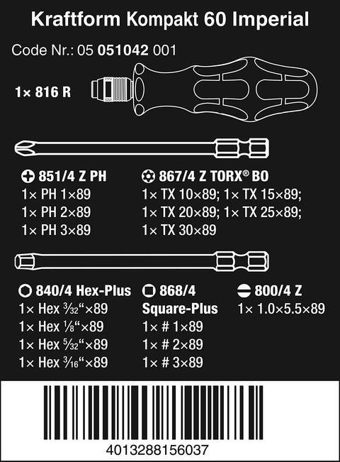 Diagram of Kraftform Kompakt 60 Imperial 17 Piece Bit Set with labeled components and dimensions for manual and power tools.