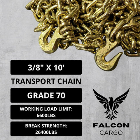 3/8 Inch Grade 70 Transport Binder Chain 10 Ft With 6,600 Lbs WLL Zinc Plated Steel Clevis Grab Hooks