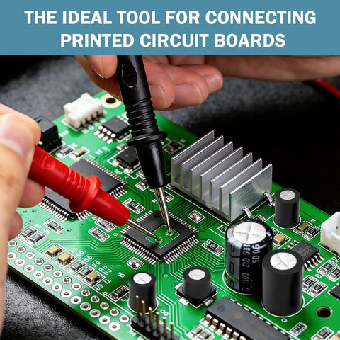 Hands using probes on a printed circuit board with various electronic components, showing use for 395 Pack Black Nylon Spacer Kit For PCB Standoffs And Electronics Mounting Non Threaded Round Spacers For Circuit Boards Switches Receptacles And Other Hardware Go-To Quick Mounts.