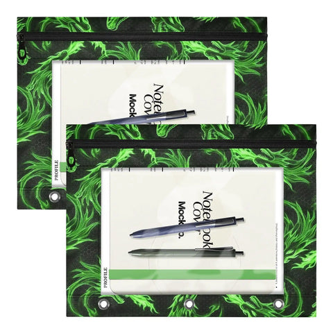 Zippered Coupon And Card Organizer Case That Clips Into A Three Ring Binder, Green Dragon Heads design, showing clip holes
