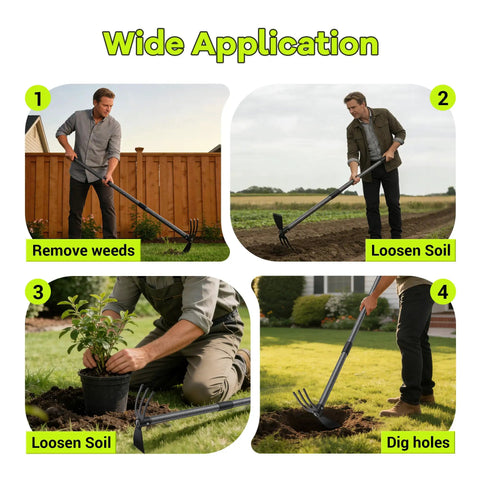 Person using 2-In-1 Garden Hoe With Adjustable 30-75 Inch Long Handle For Weeding And Tilling, Heavy Duty Cultivator Hoe in various tasks