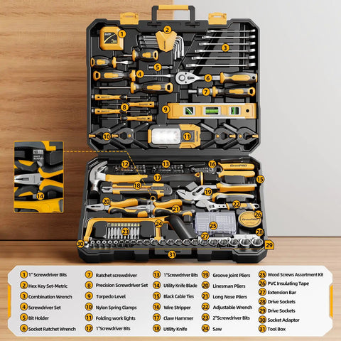 239 Piece Tool Kit For Home And Auto All Purpose DIY Set With Portable Tool Box Organizers And Storage Case open view