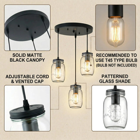 Industrial Mason Jar Pendant Lights for Kitchen Island with solid matte black canopy and adjustable cords.