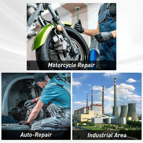 Mechanic repairing motorcycle wheel, auto-repair service, industrial area. Use of 10 Quart ABS Oil Drain Pan With Spout Low Profile Catch Basin