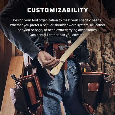 Comfort Belt System For Work Gear, 5 Inch Wide Utility Belt With 2 Inch Leather Overbelt, tool bags secured by belt.