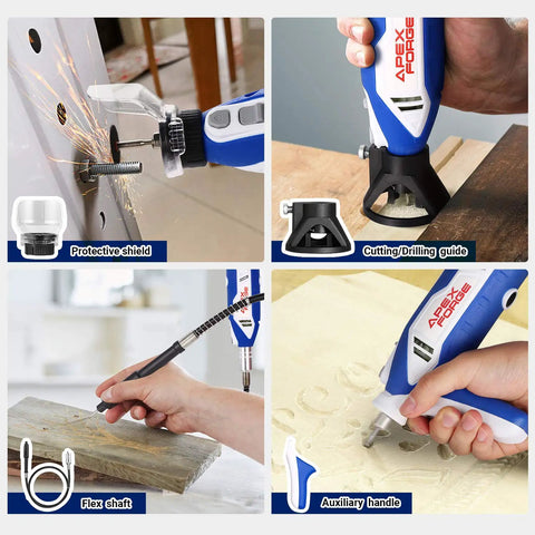Versatile Variable Speed Rotary Tool Kit With Keyless Chuck And Flex Shaft 172 Accessories showing use in crafting and cutting