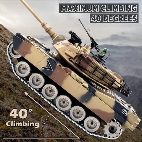 1 18 Scale RC Tank With Realistic M1A2 Metal Chassis climbing a 40-degree incline on rocky terrain