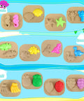 Collapsible Beach Toys Set For Kids And Toddlers 32 Piece Sandbox Kit with molds of sea animals, dinosaurs, and fruits on sand