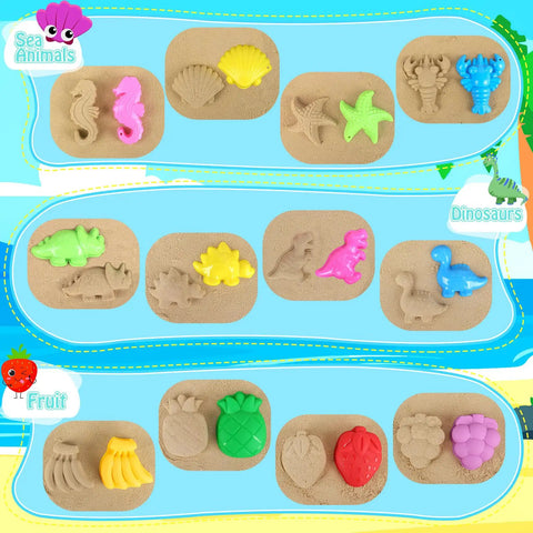 Collapsible Beach Toys Set For Kids And Toddlers 32 Piece Sandbox Kit with molds of sea animals, dinosaurs, and fruits on sand