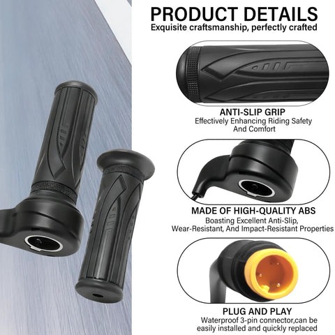 Full Twist Throttle Grip for Electric Bikes and Foldable Scooters with Anti Slip Surface Waterproof 3 Pin Plug Fits 22.2mm Handlebars Works Across 12V to 72V Systems Easy Wire Setup Bright Yellow