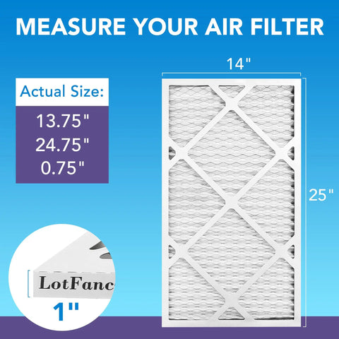14x25x1 Air Filter MERV 11 6-Pack For AC And Furnace, Electrostatic Pleated Design, actual size 13.75x24.75x0.75 shown