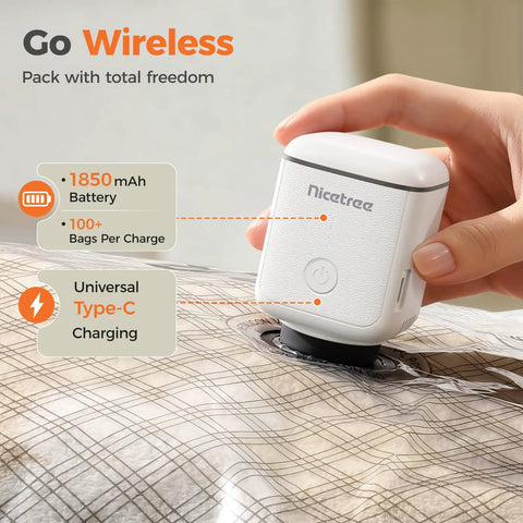 Cordless Travel Vacuum Seal Bags Set With Rechargeable Wireless Pump 18 Pack 3 Sizes 1850 mAh battery, wireless charging.