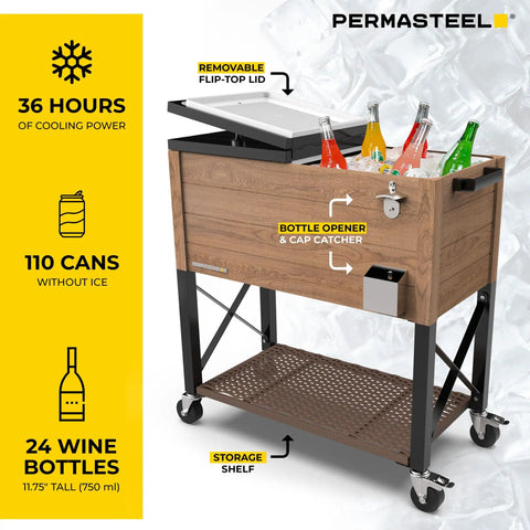 80-Quart Rolling Party Cooler With Divider, 36 Hour Chill, Spacious Ice Chest That Holds Up To 110 Cans, Wood Grain Brown Finish