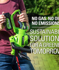 Person holding 24V Cordless 22 Inch Laser Cut Hedge Trimmer Tool Only With Dual Action Steel Blades Three Quarter Inch Cutting Capacity.