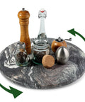 16 Inch Natural Rosso Luana Marble Lazy Susan Cabinet Turntable with spices and condiments on top, smooth swivel action.