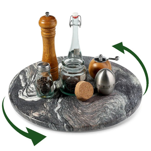 16 Inch Natural Rosso Luana Marble Lazy Susan Cabinet Turntable with spices and condiments on top, smooth swivel action.
