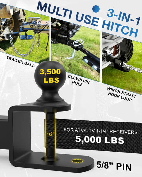 3 In 1 ATV UTV Trailer Hitch Adapter With Two Inch Ball And Clevis Pin For 1-1/4 Inch Receiver, lawn mower tractor utility use.