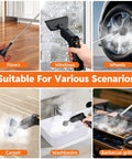 Heavy Duty Handheld Steam Cleaner Delivers 15 Second Rapid Heatup For Crushing Stubborn Grime On Tile Grout Hardwood And Car Seats Featuring 1.6 Liter Water Tank And Complete Tool Set For Straight Up No Sweat Cleaning, shown cleaning floors, windows, and wheels with various attachments.