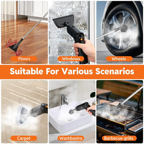 Heavy Duty Handheld Steam Cleaner Delivers 15 Second Rapid Heatup For Crushing Stubborn Grime On Tile Grout Hardwood And Car Seats Featuring 1.6 Liter Water Tank And Complete Tool Set For Straight Up No Sweat Cleaning, shown cleaning floors, windows, and wheels with various attachments.
