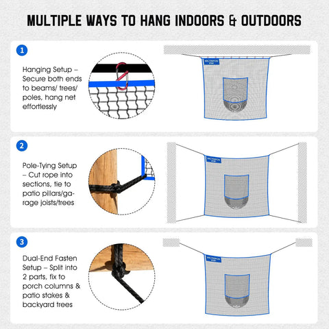 Diagram showing multiple ways to hang 10x10 ft golf net with target pocket for home practice and multi sport training indoors and outdoors