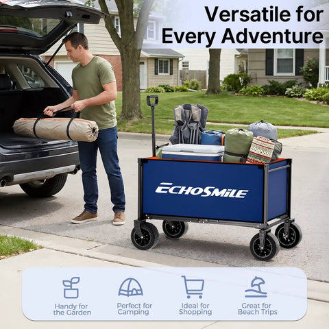 Heavy Duty Collapsible All Terrain Wagon Cart With 400 Lb Capacity And Wide 9cm Wheels With 360 Degree Swivel Front For Beach Camping Grocery Garden And Sports Blue And Orange
